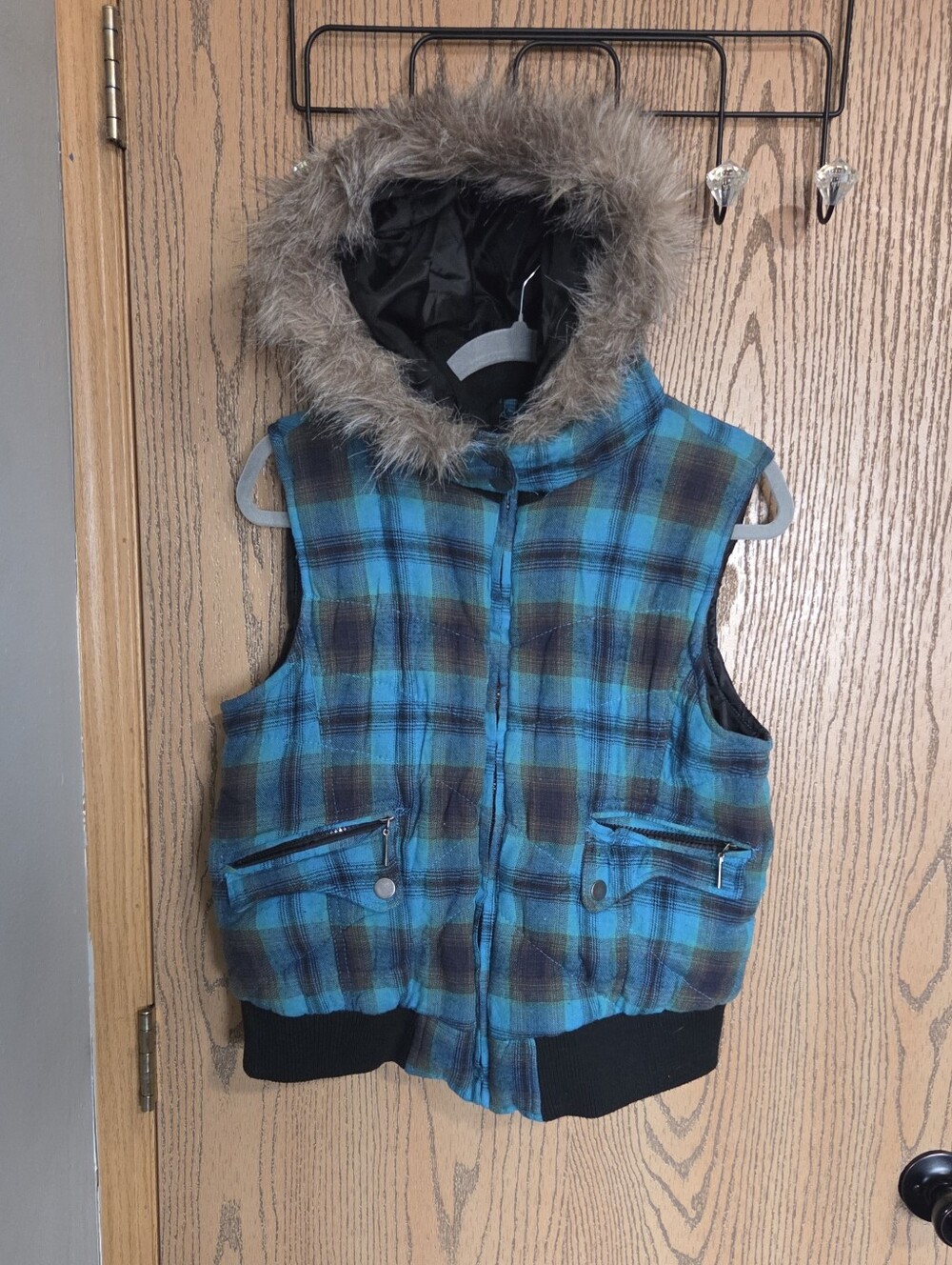 Deb Plaid Puffer Vest in Teal and Brown